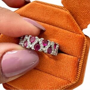 Sterling silver faux ruby and diamond ring size 6